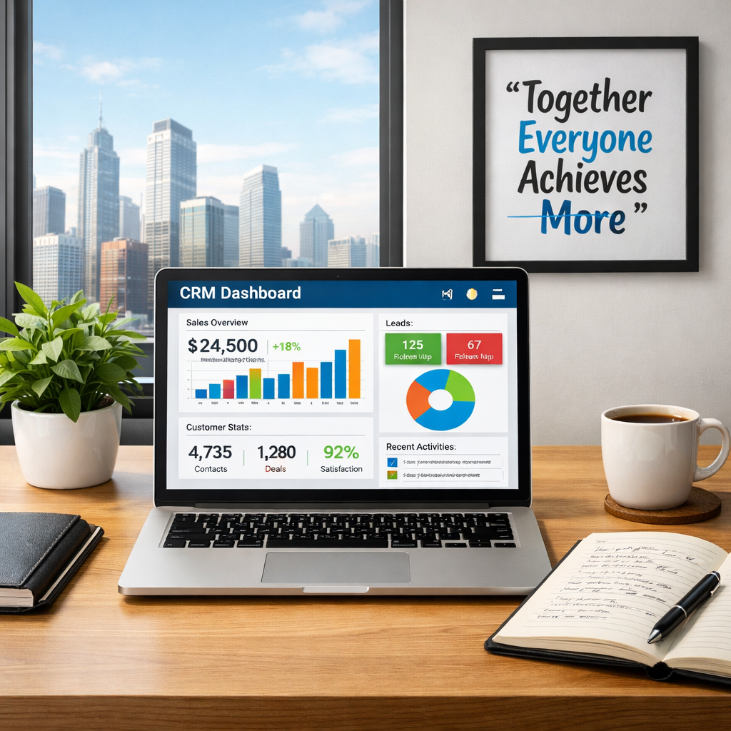 The image features a modern office setting with a sleek minimalist desk adorned with a hightech laptop displaying a colorful CRM dashboard on the scre